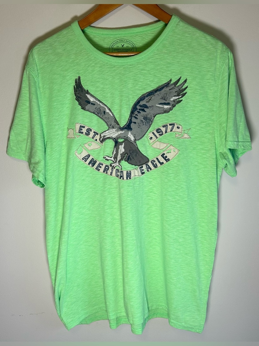 American Eagle Men's T-shirt Neon Green Embroidered Logo Preppy Wool Blend 2013
